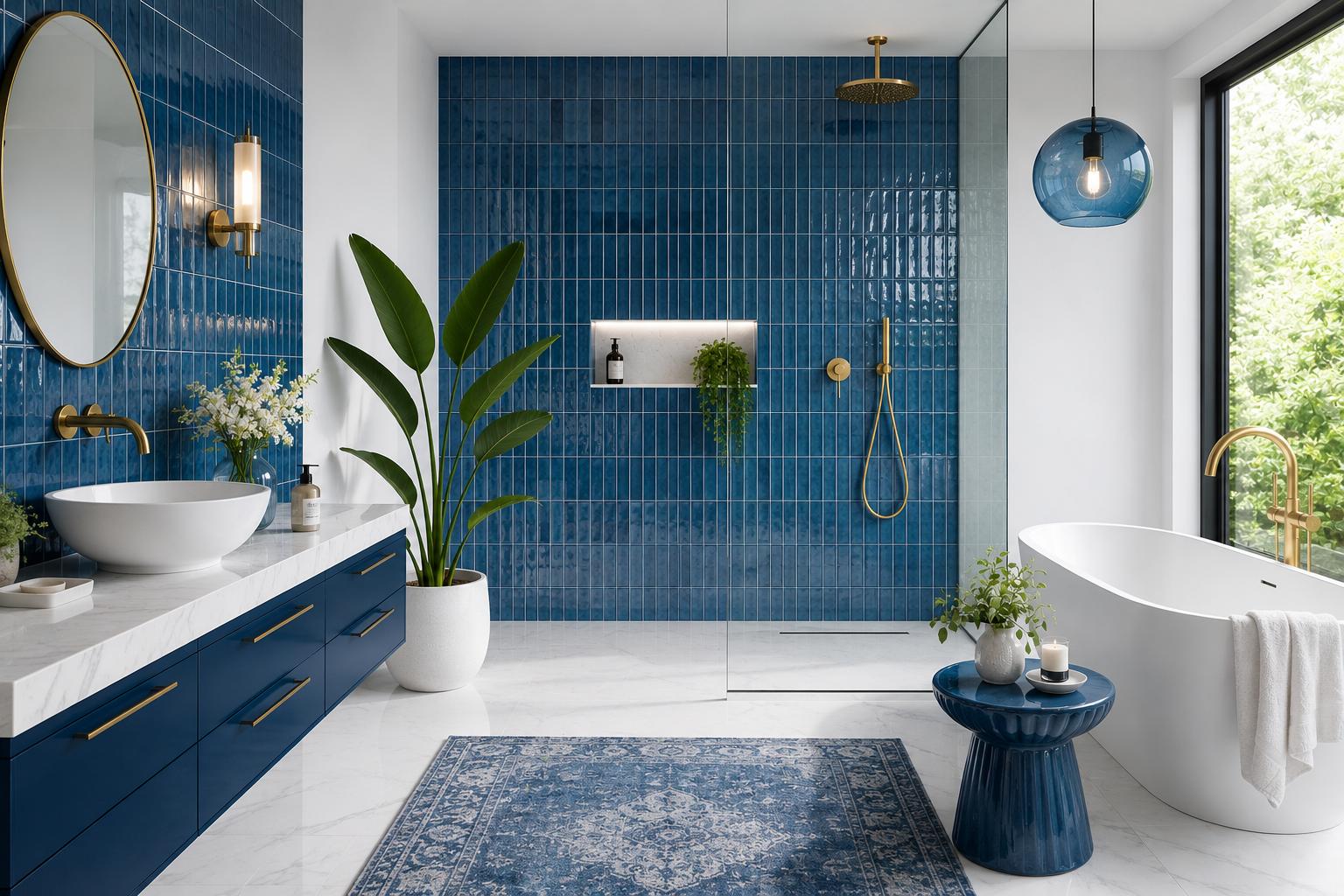 Luxury blue glossy subway tile bathroom with gold fixtures, freestanding tub, and marble floor in Naples FL home