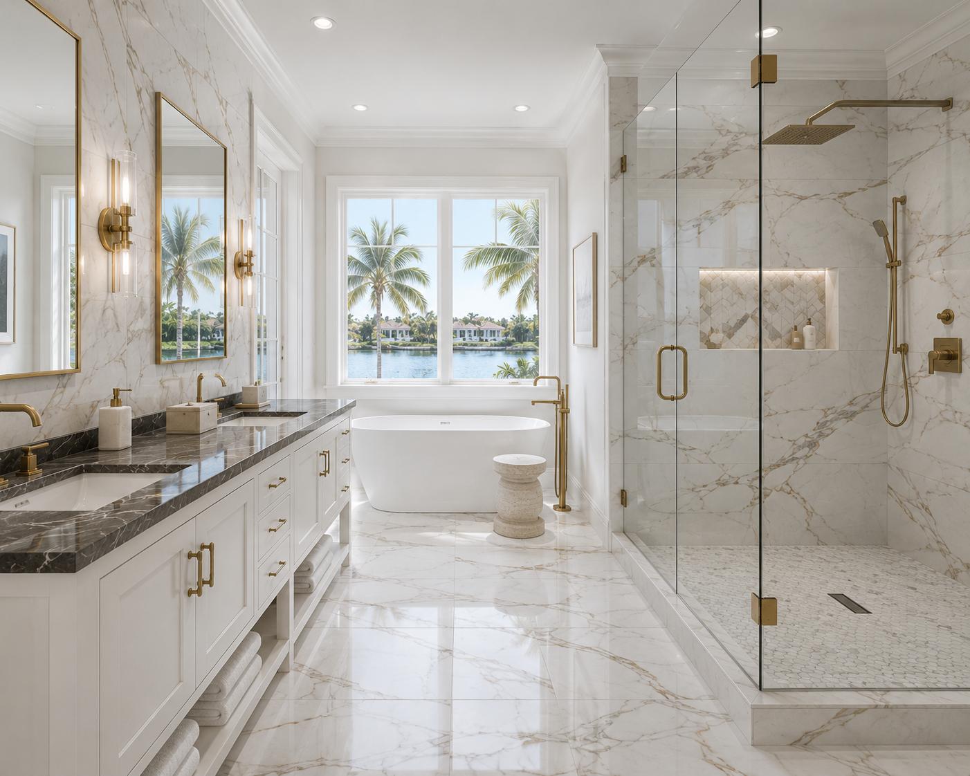 Luxury Palm Beach bathroom with large format marble-look tile, freestanding bathtub, and glass shower