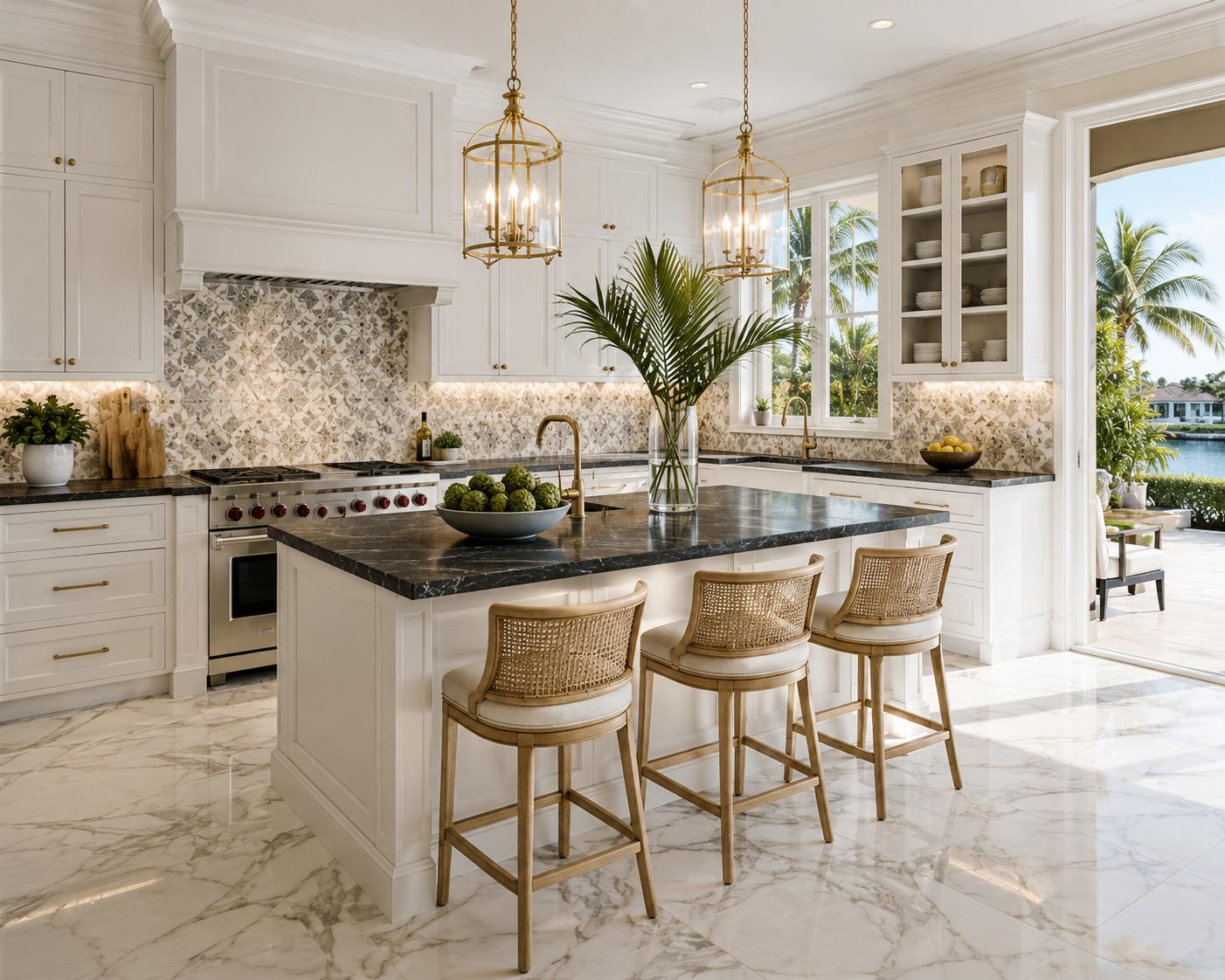 Luxury Palm Beach kitchen with white cabinets, marble tile backsplash, dark stone countertops, and large island