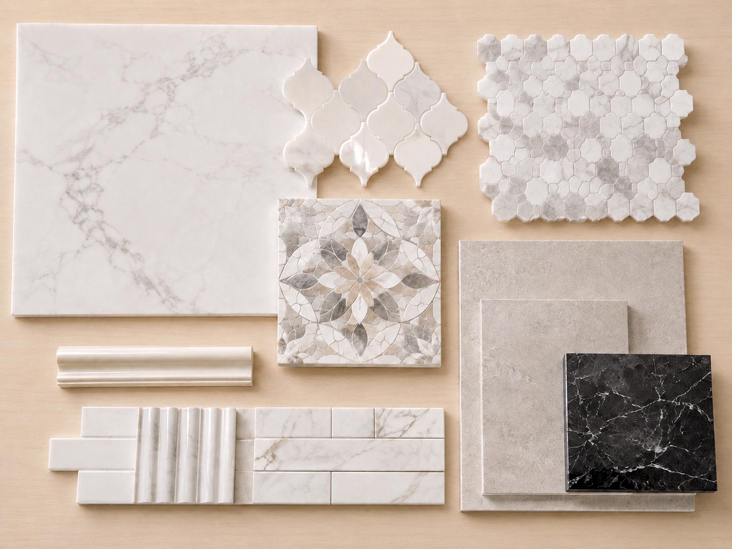 Tile samples in marble, porcelain, mosaic, and decorative patterns for Palm Beach home design