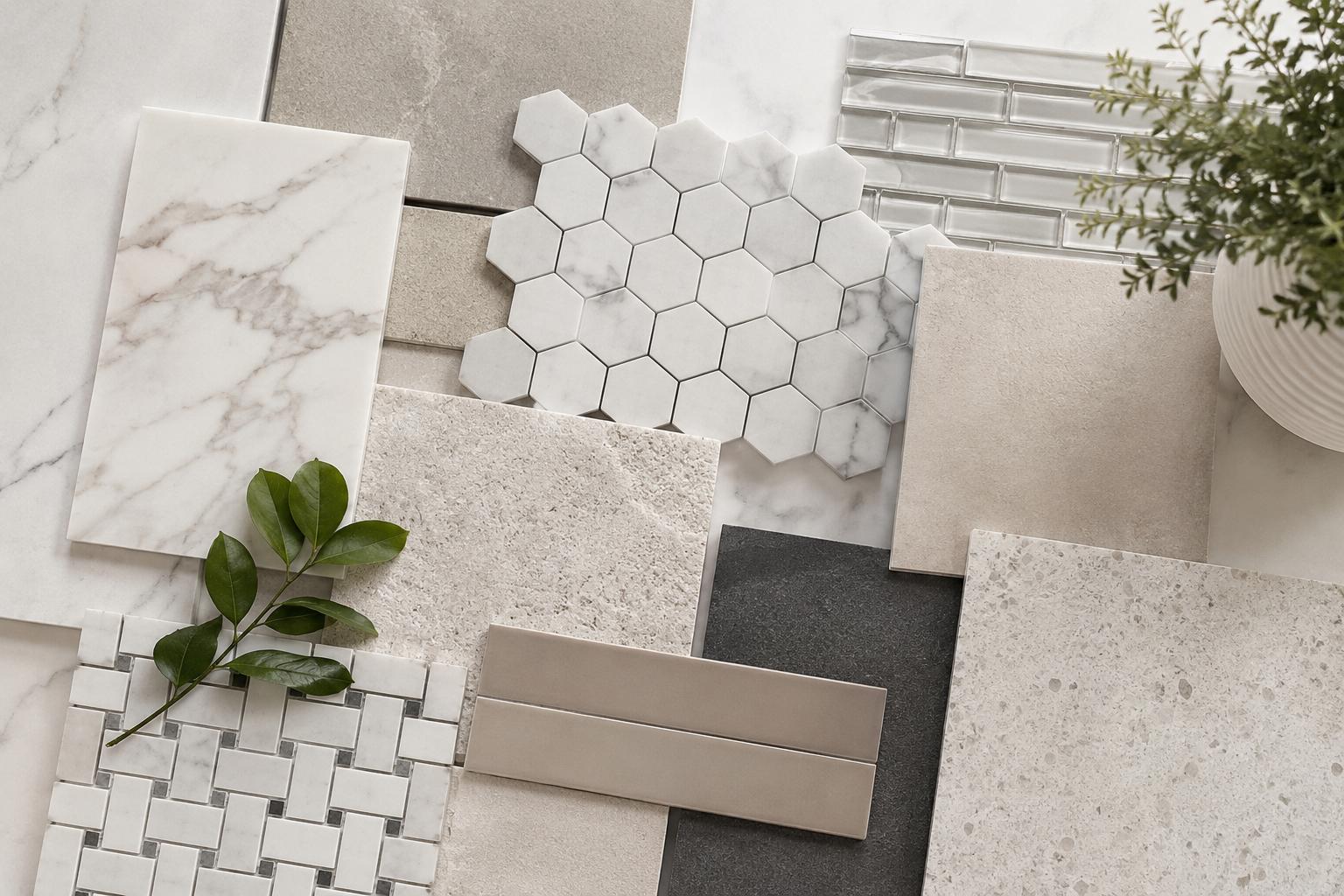 Luxury tile samples collection featuring marble hexagon mosaic, glass subway tile, porcelain and natural stone in neutral tones